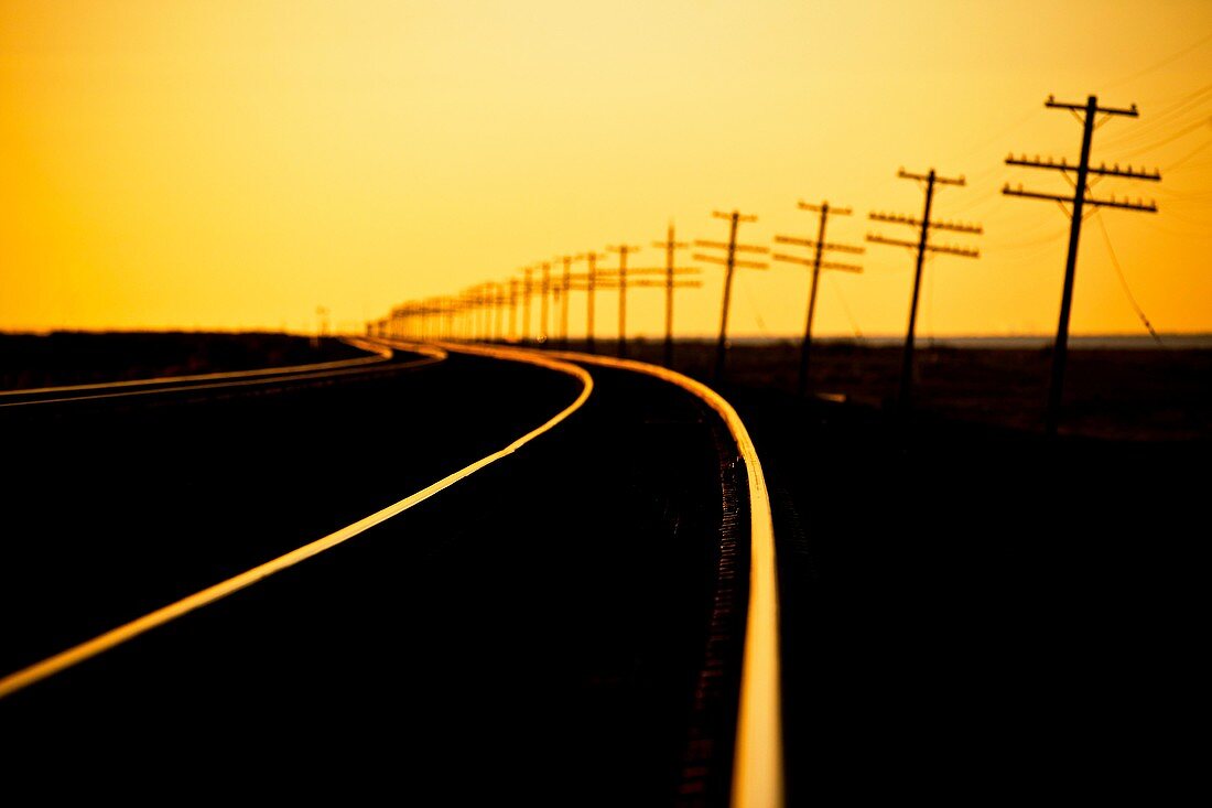 Endless line of telephone poles along rail road tracks at sunrise Imperial Valley, CA