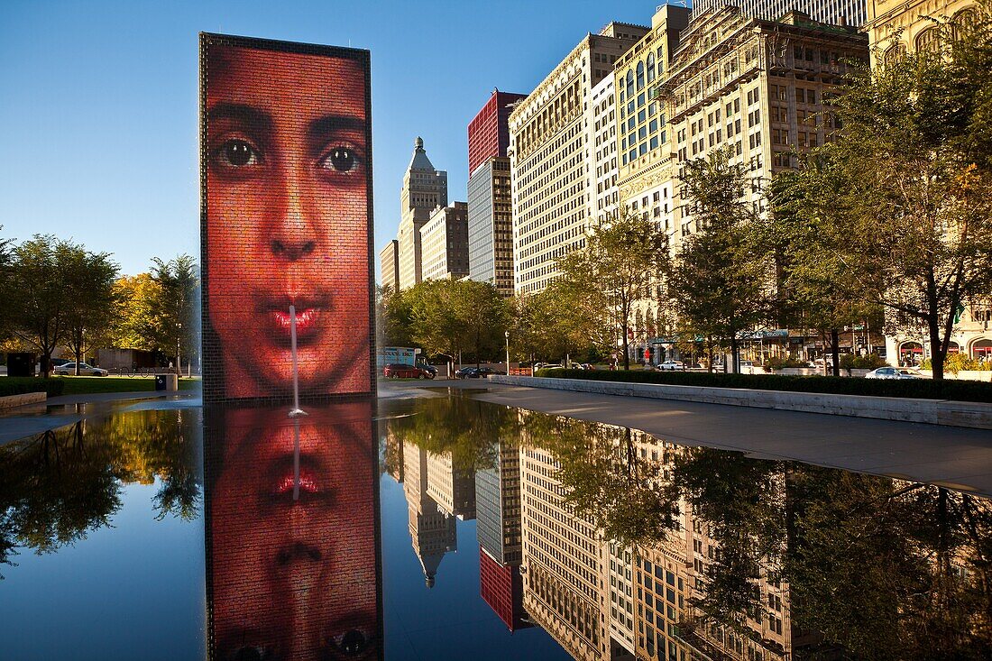 The Crown Fountain by Spanish artist Jaume Plensa in Millennium Park in Chicago, IL, USA