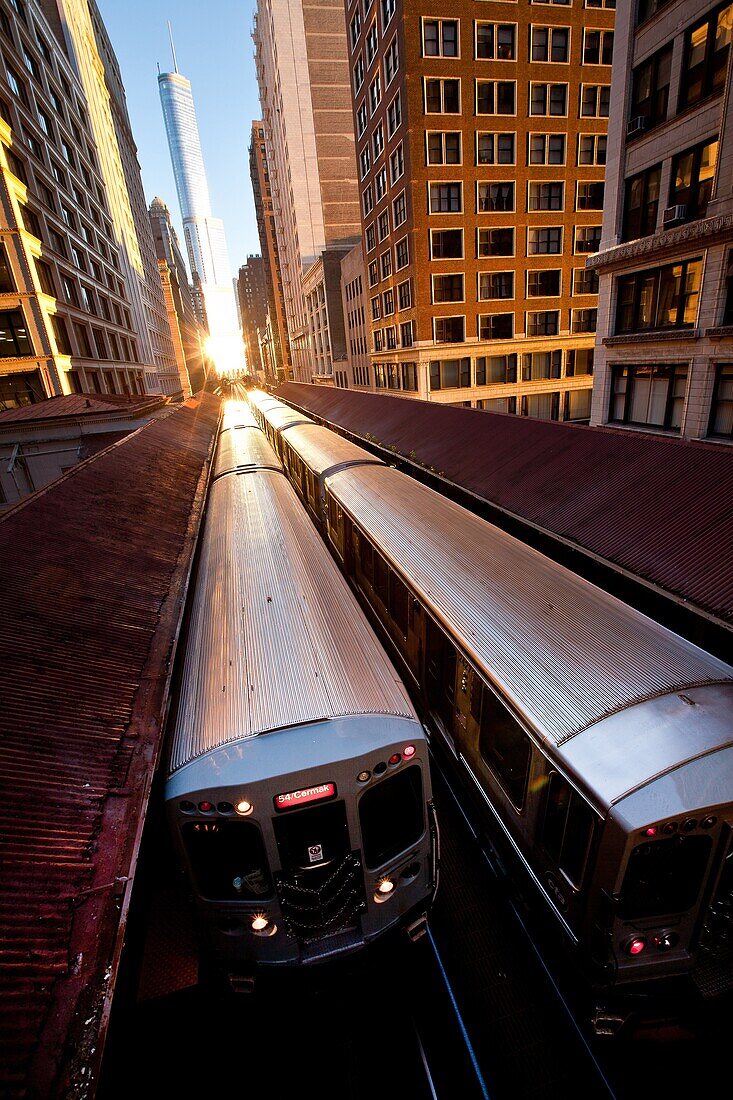Sunrise illuminates a train in the Chicago rapid transit system known as the´L´ in Chicago, IL, USA