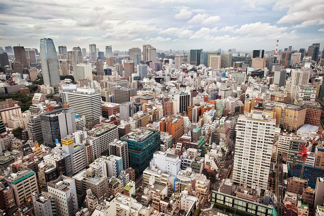 Downtown Tokyo skyline viewed from above. Densely populated and built up area of the city., Cityscape, Tokyo, Japan
