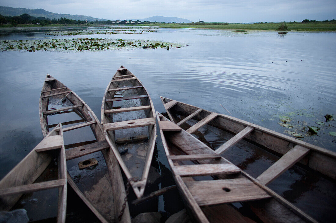 A group of dugout canoes, fishing boats moored on the shore of the Gulf of Guinea in Lome town., Lome, Togo