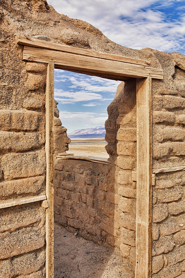 Doorway into adobe structure, Harmony Borax Works near Furnace Creek in Death Valley National Park, Death Valley, California, USA, Death Valley National Park, California, USA