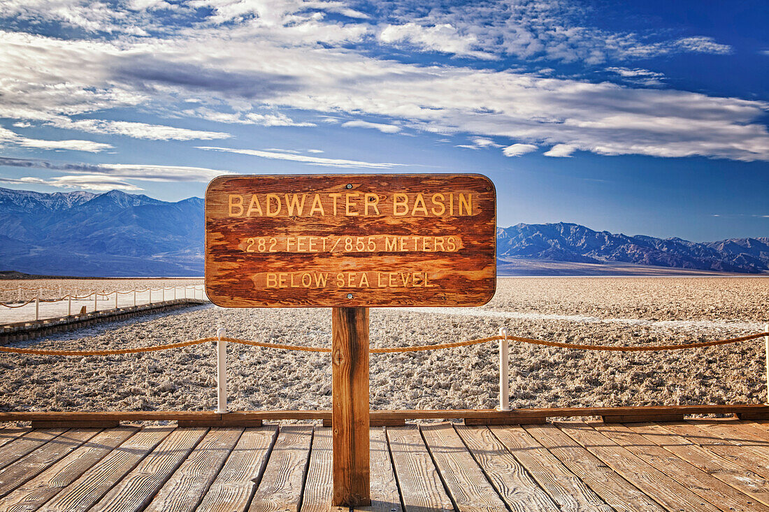 Badwater Basin salt flats, Death Valley National Park, Death Valley, California, USA. A mineral bed with salt deposits., Badwater Basin in Death Valley