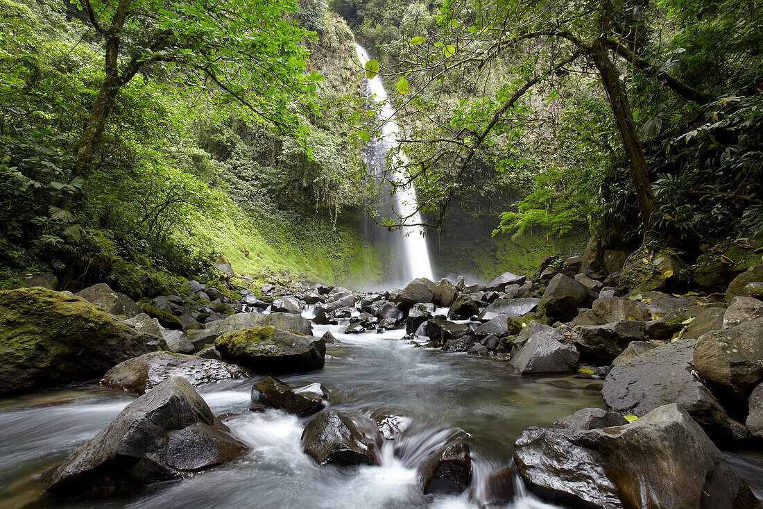 Blick auf den Wasserfall Catarata Rio Fortuna, La Fortuna, Costa Rica, Zentralamerika, Amerika