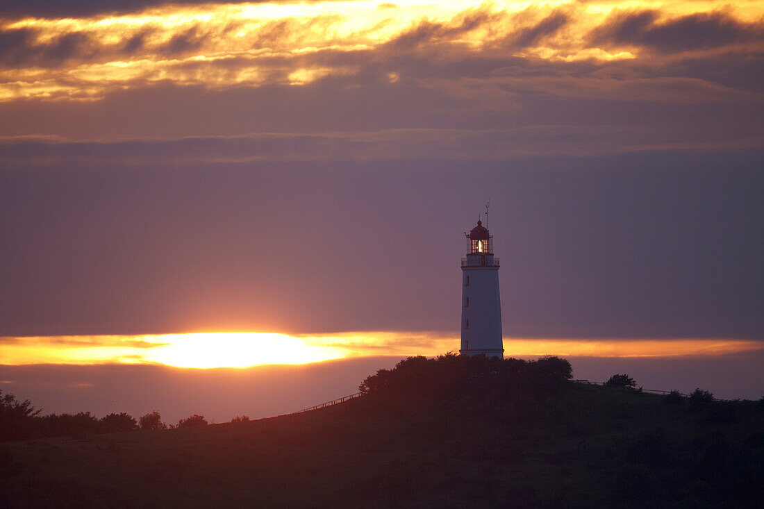 Dornbusch lighthouse at sunset, Hiddensee Island, Western Pomerania Lagoon Area National Park, Mecklenburg Western Pomerania, Germany, Europe