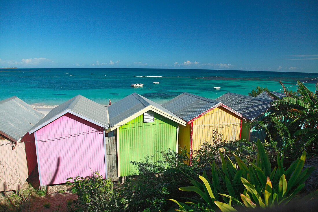 Colourful beach huts on the beach, Atlantic Coast, Antigua, West Indies, Caribbean, Central America, America