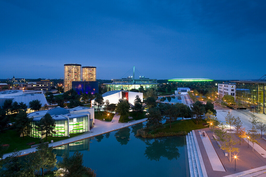 View upon Autostadt in the evening, Wolfsburg, Lower Saxony, Germany, Europe