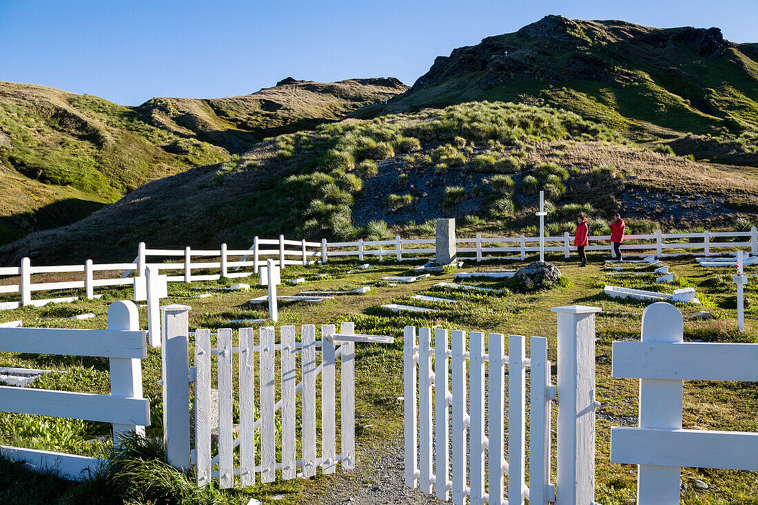 Grytviken cemetery with the tomb of Sir Ernest Henry Shackleton, King Edward Cove, South Georgia, South Sandwich Islands, British overseas territory, Subantarctic, Antarctica