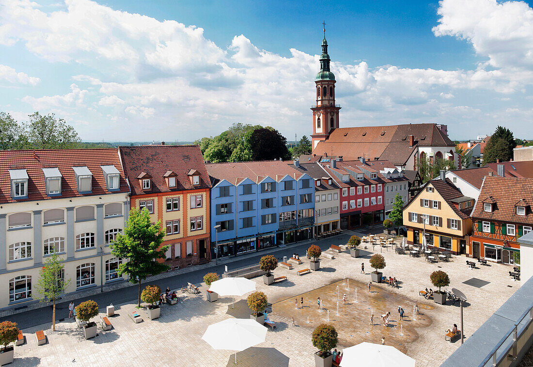 Market square with the Sacred Cross Church, Offenburg, Baden-Württemberg, Germany, Europe