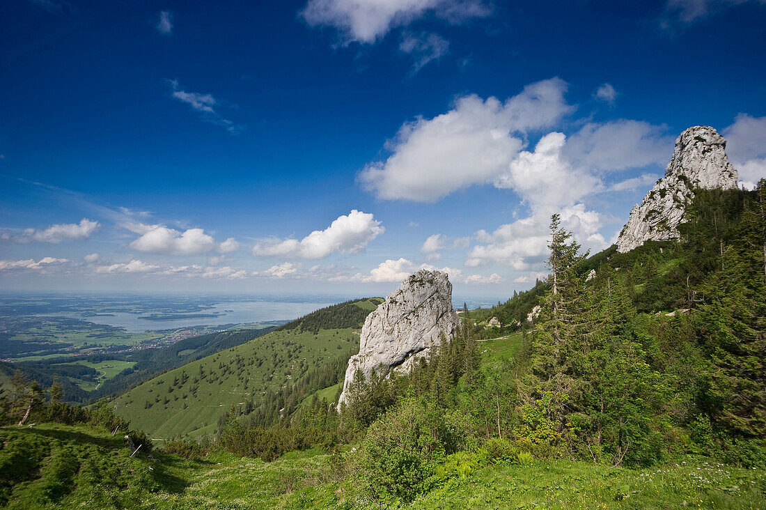 Kampenwand with lake Chiemsee in the background, Chiemgau, Bavaria, Germany