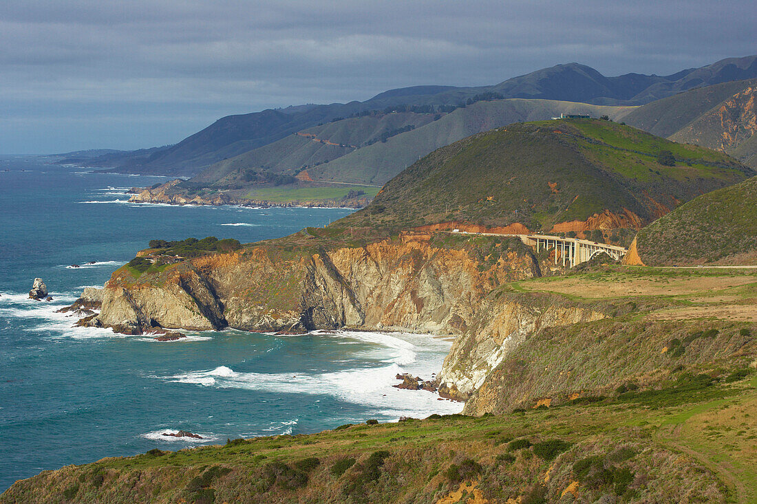 View of the Pacific coast with Bixby Bridge, Pacific Ocean, California, USA, America