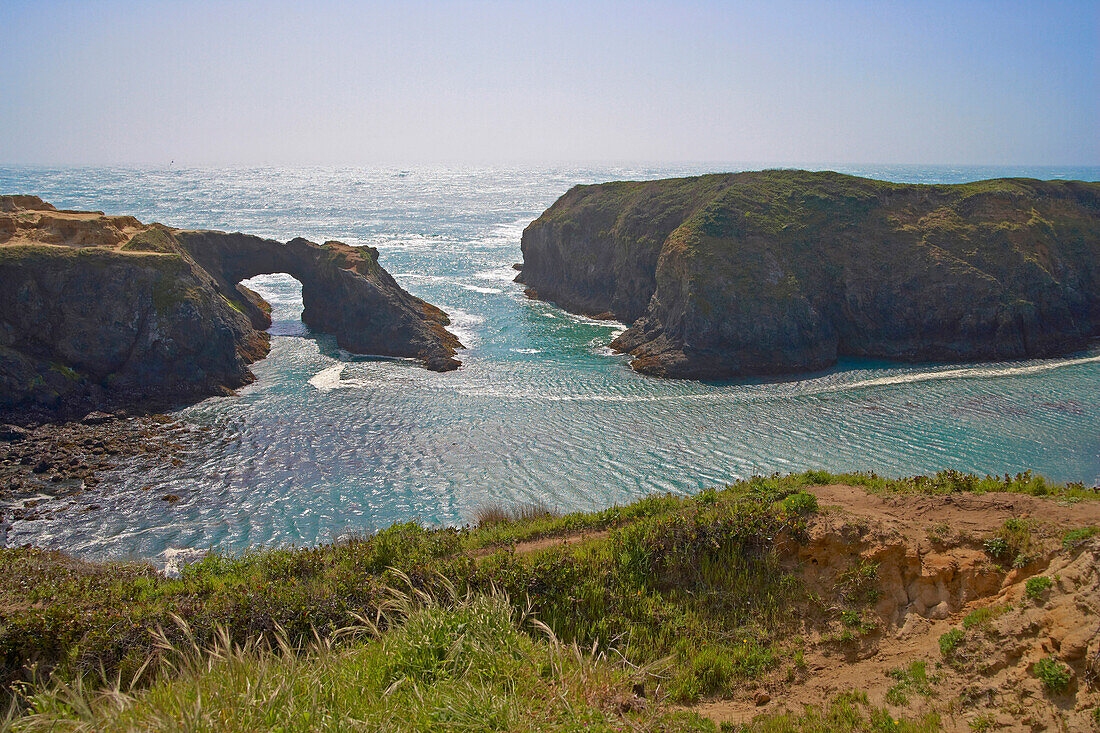 Blick auf Felsentor an der Küste, Mendocino Headland State Park, Mendocino, Highway 1, Kalifornien, USA, Amerika