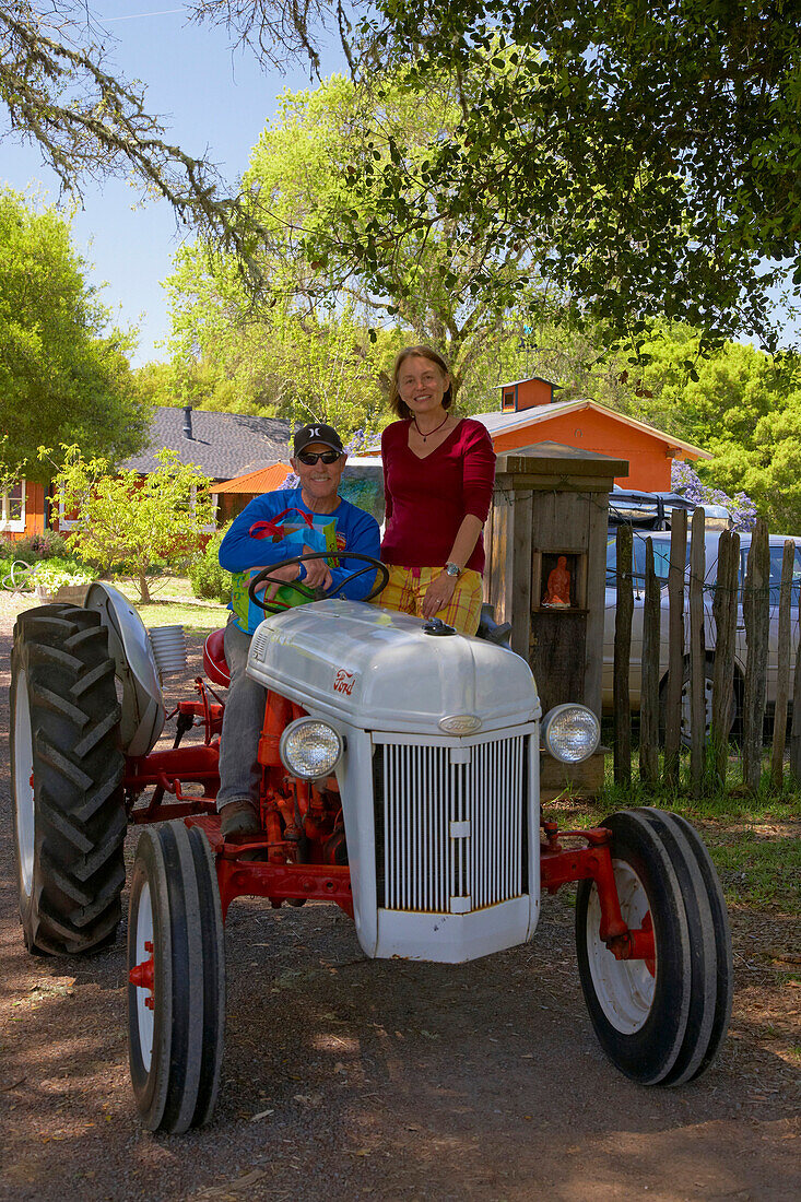 Menschen auf einem Traktor am Morgen, Anderson Valley, Mendocino, Kalifornien, USA, Amerika