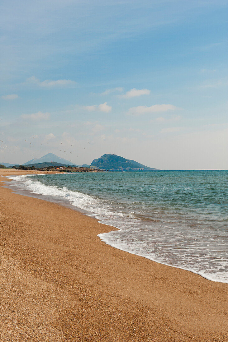 Deserted sandy beach at The Romanos Hotel, Costa Navarino, Peloponnese, Greece, Europe