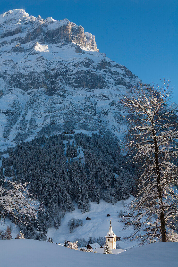 Sonnenstrahlen auf der Evangelischen Pfarrkirche von Grindelwald, im Hintergrund der Mettenberg, Jungfrauregion, Berner Oberland, Kanton Bern, Schweiz, Europa