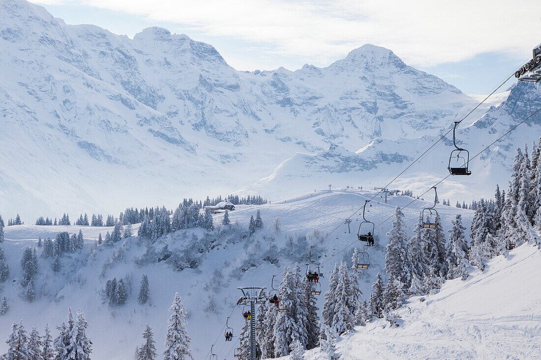 Skilift, Allmendhubel, Muerren-Schilthorn skiing area, Muerren, Lauterbrunnental, Jungfrauregion, Bernese Oberland, Canton Bern, Switzerland, Europe
