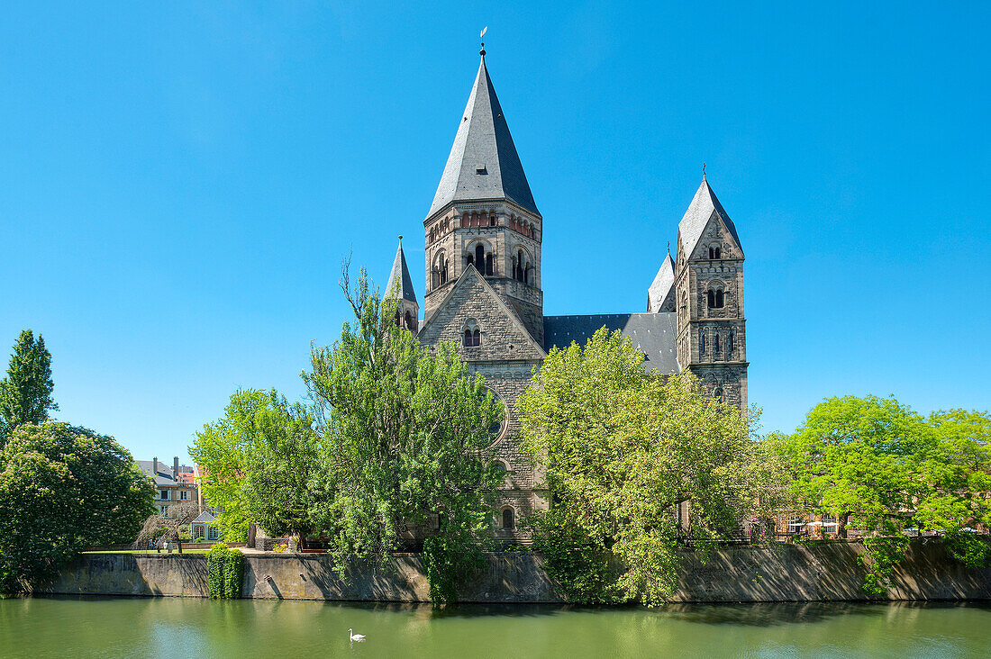 Temple Neuf church with Moselle river, Metz, Lorraine, France, Europe