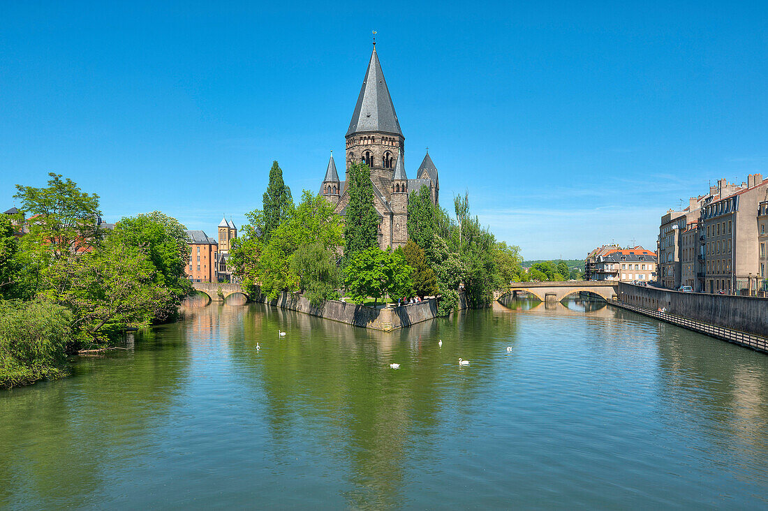 Temple Neuf church with Moselle river, Metz, Lorraine, France, Europe