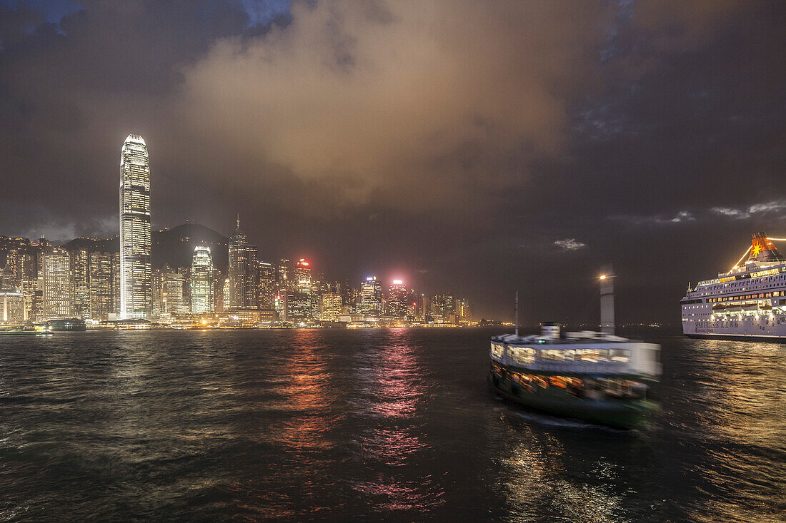 Skyline of Hong Kong Island and Star Ferry at night, Hong Kong Island, China, Hongkong, China, Asia
