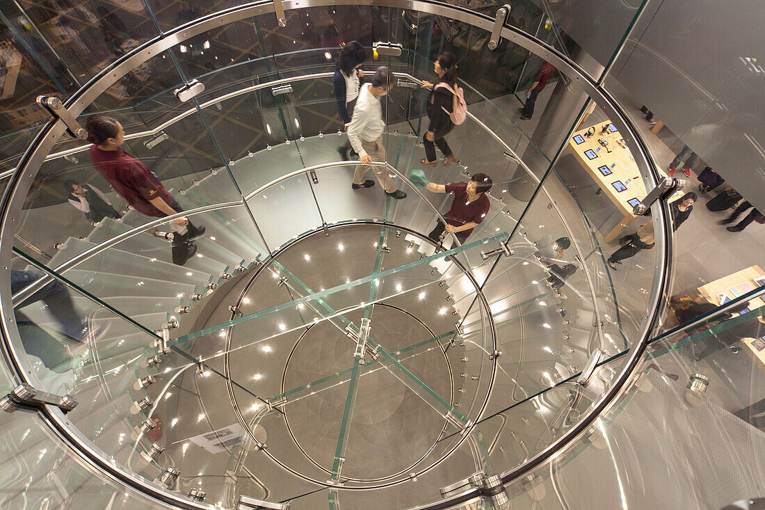 High angle view of glass stairway inside of the Apple store, Hongkong, China, Asia