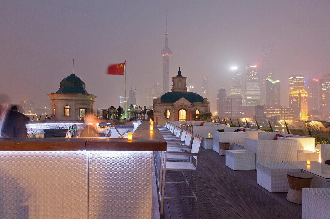 Rooftop terrace of Terrace Swatch Peace Hotel at night, Bund, Shanghai, China, Asia