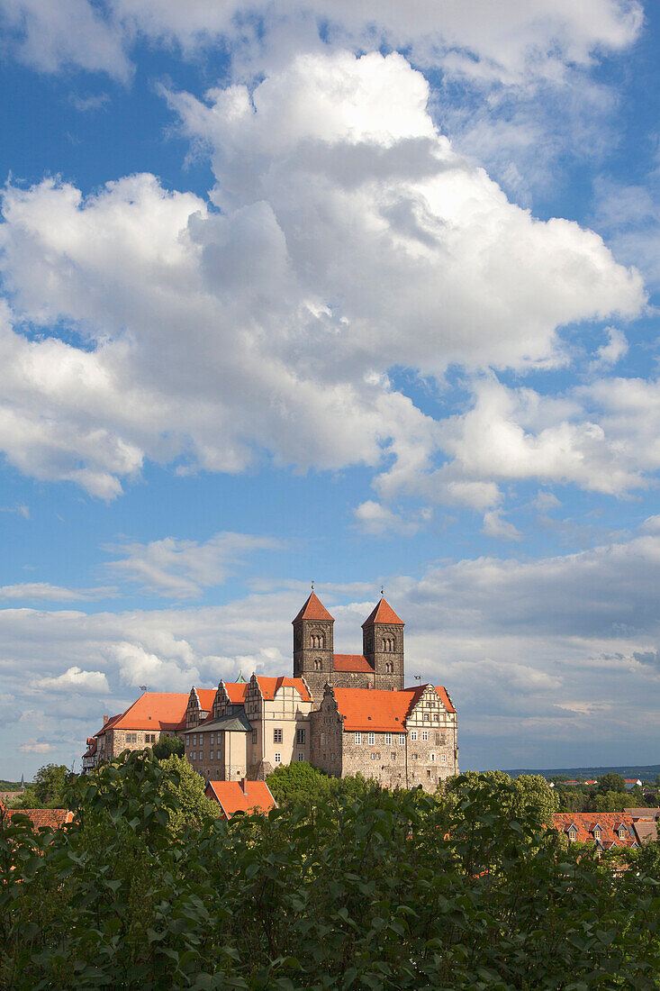 View of castle and church St Servatius under clouded sky, Quedlinburg, Harz mountains, Saxony-Anhalt, Germany, Europe