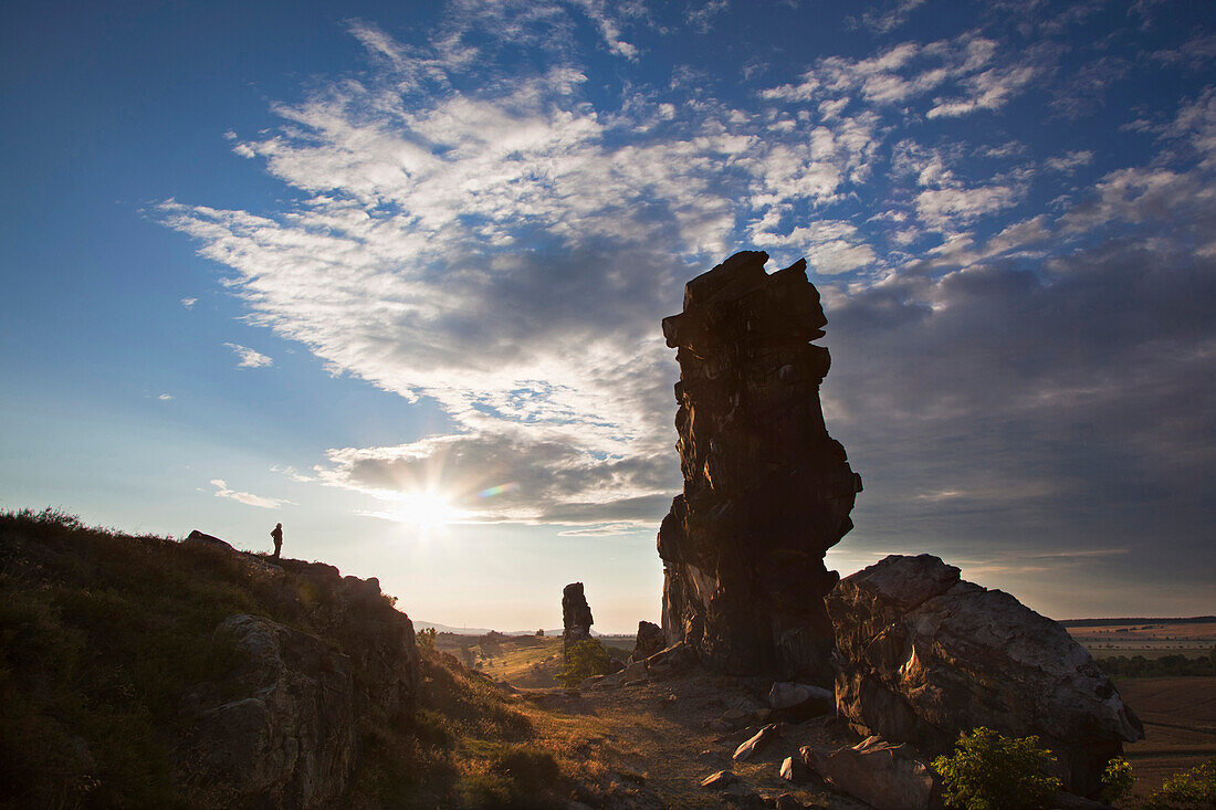 Backlit Teufelsmauer, Harz mountains, Saxony-Anhalt, Germany, Europe