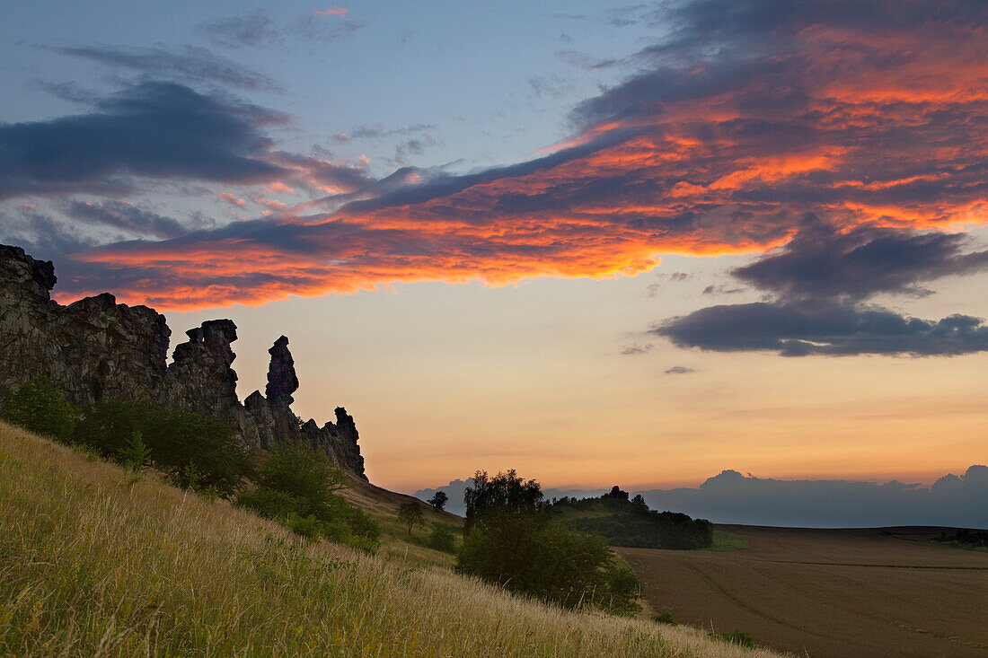 Teufelsmauer at dusk, Harz mountains, Saxony-Anhalt, Germany, Europe