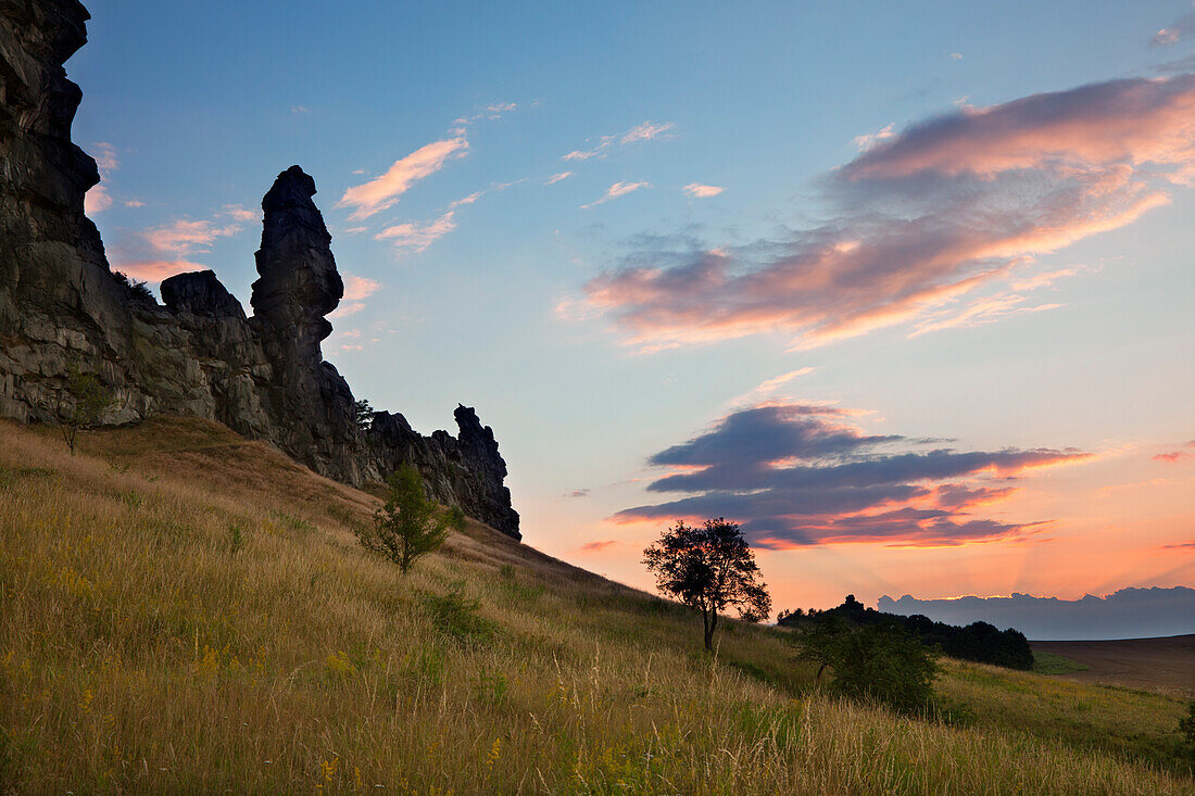 Teufelsmauer at dusk, Harz mountains, Saxony-Anhalt, Germany, Europe