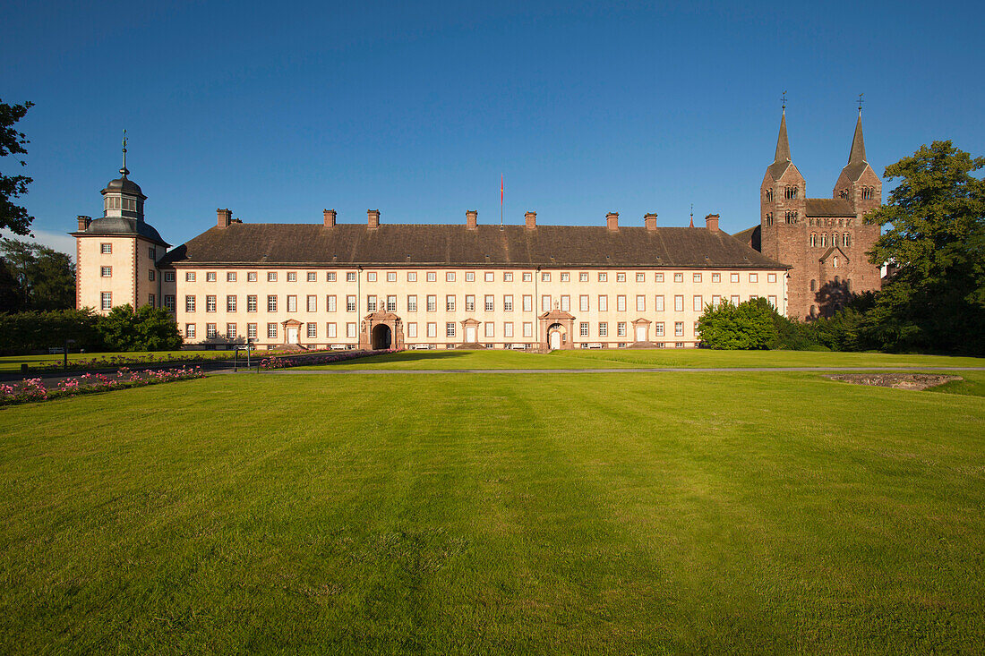 West wing of Corvey castle and westwork of the abbey, Hoexter, Weser Hills, North Rhine-Westphalia, Germany, Europe