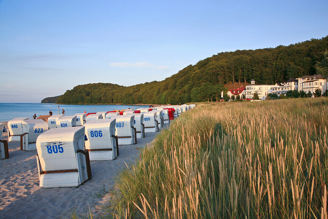 Beach chairs on the beach of seaside resort Binz, Island of Ruegen, Mecklenburg Western Pomerania, Germany, Europe