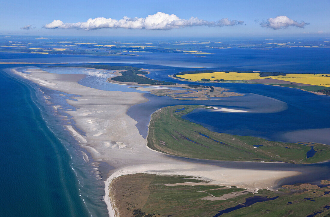 Aerial view of Ostzingst with Windwatt and Werder islands, Western Pomerania Lagoon Area National Park, Mecklenburg Western Pomerania, Germany, Europe