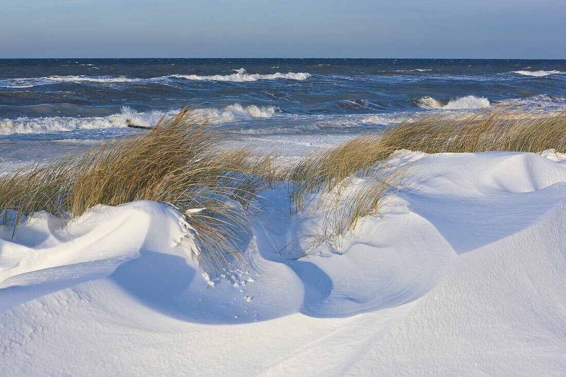 Snowy dunes at the shore of Baltic Sea, Heiligendamm, Mecklenburg Western Pomerania, Germany, Europe