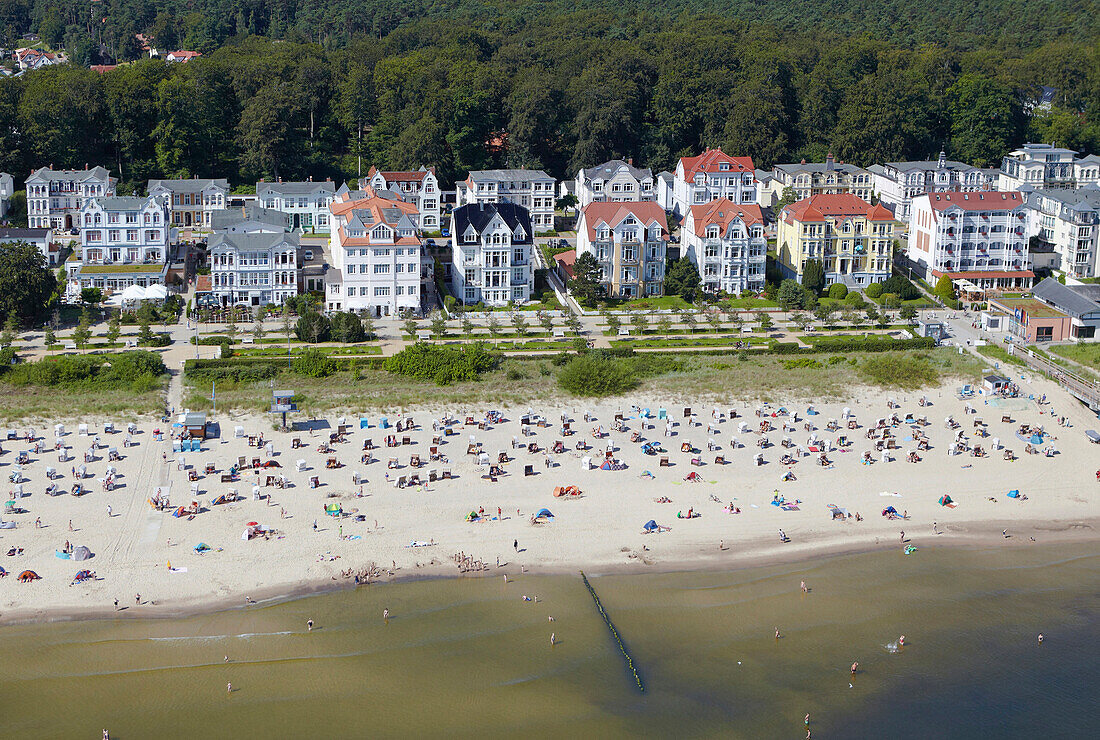 View of beach and seaside resort Bansin, Island of Usedom, Mecklenburg Western Pomerania, Germany, Europe