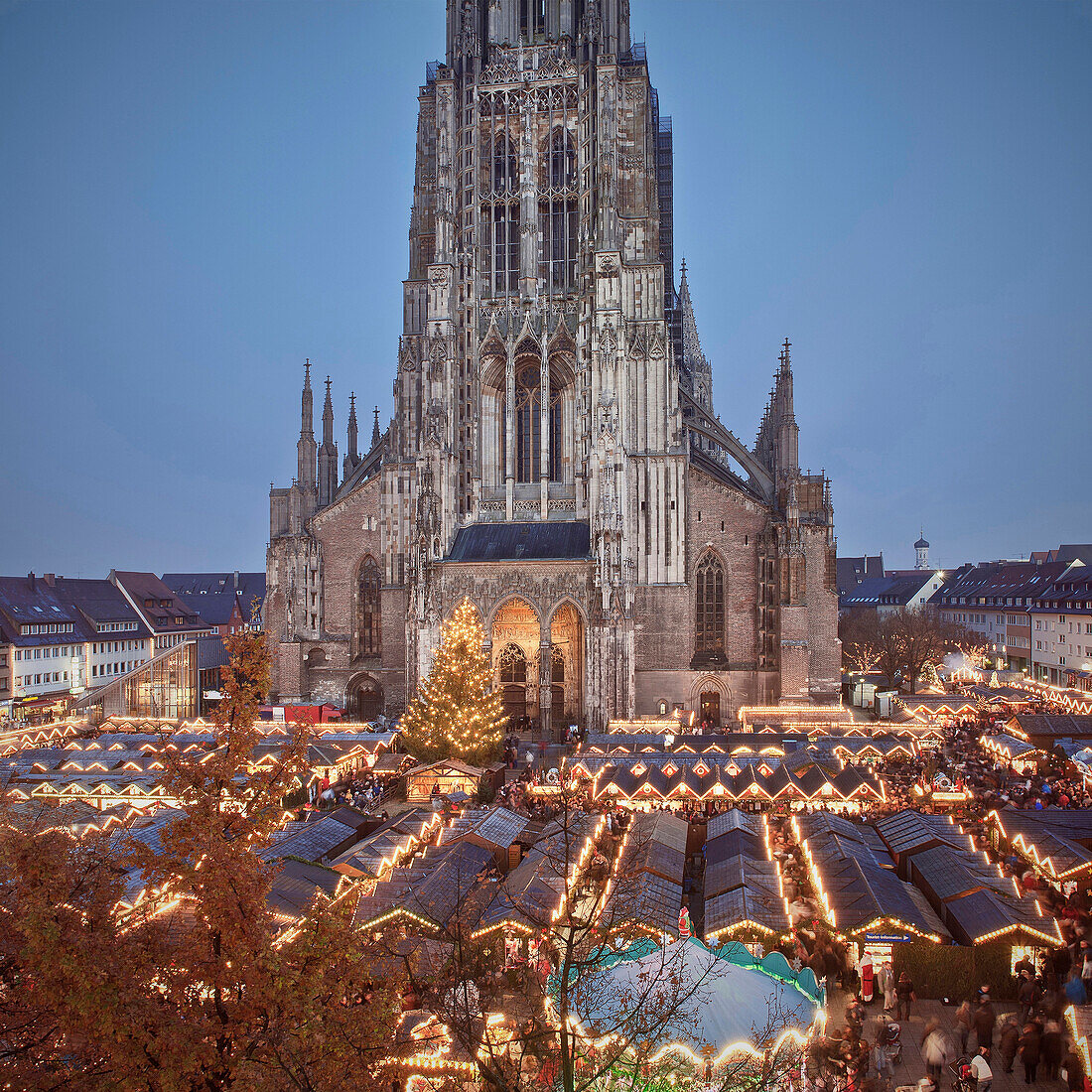 Weihnachtsmarkt am Ulmer Münster in der Abenddämmerung, Ulm, Baden-Württemberg, Deutschland, Europa