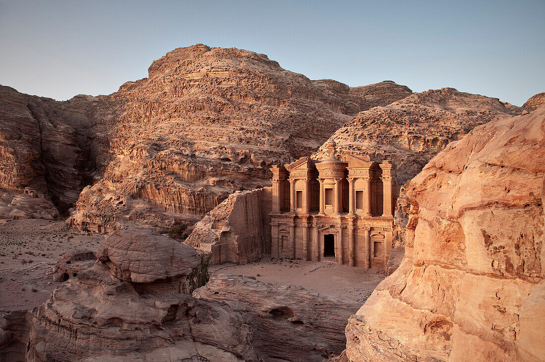 The monastery Ad Deir carved out of stone in the evening light, Petra, UNESCO world heritage, Wadi Musa, Jordan, Middle East, Asia