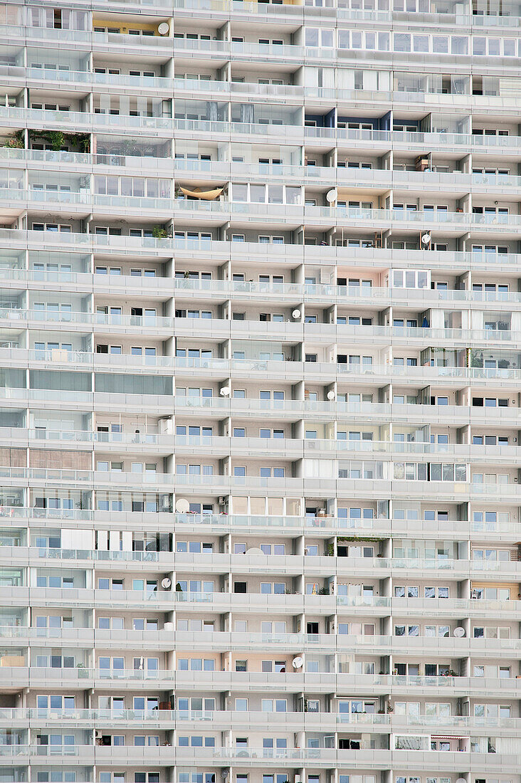 Balconies of a high rise building, huge residential area UNO-City, Vienna, Austria, Europe