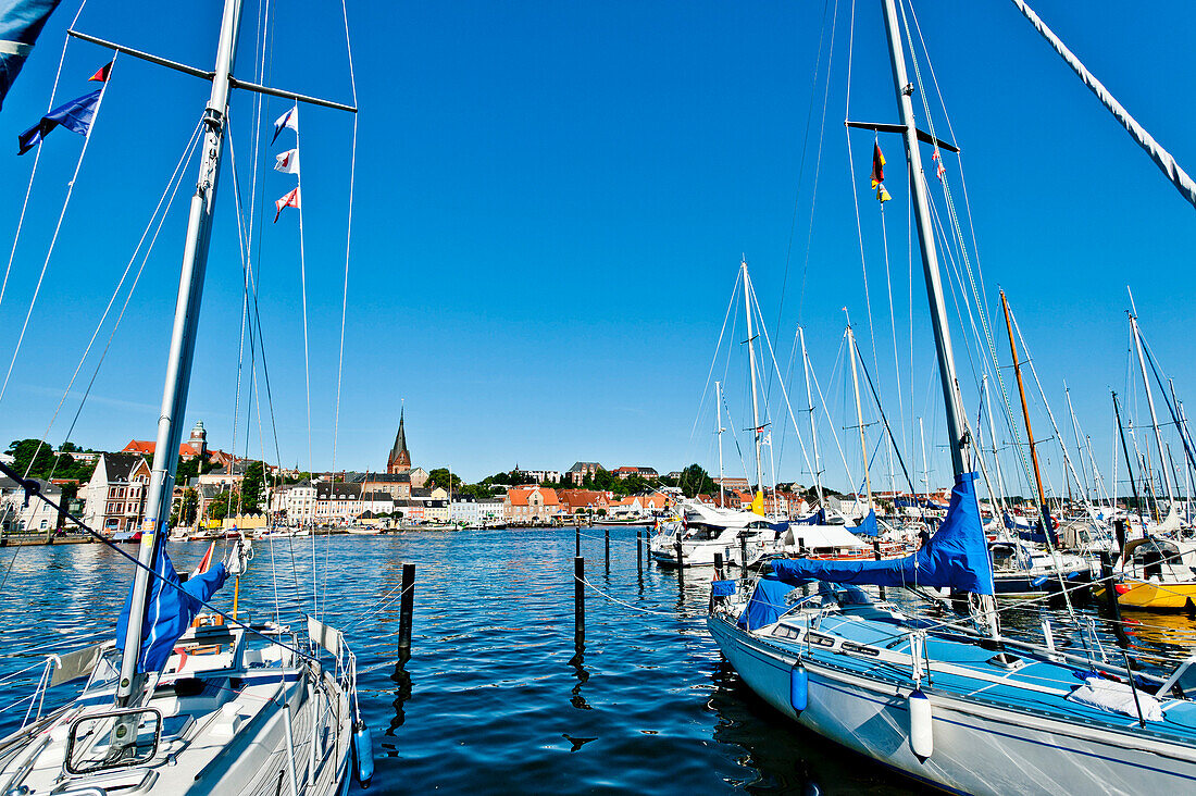 harbour and view to the old city of Flensburg, Flensburg Fjord, Baltic Sea, Schleswig-Holstein, Germany