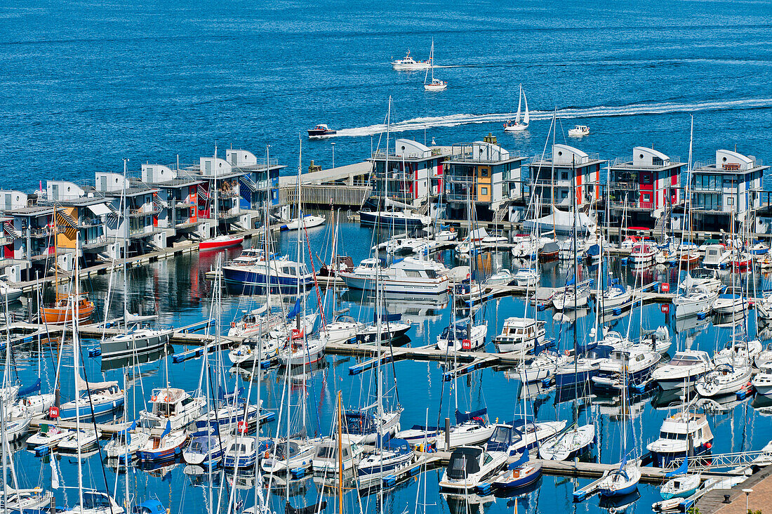 View to the marina and swimming houses, Flensburg, Flensburg Fjord, Baltic Sea, Schleswig-Holstein, Germany