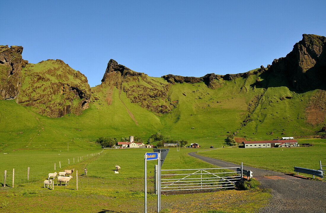 Bauernhöfe an der Küste unter dem Vulkan Porsmörk, Süd Island, Europa