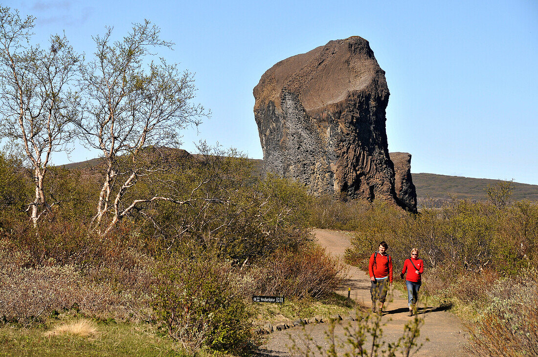 Hikers in Pjodgardur at the Jokulsargljufur National Park at the Joekulsa river, North Iceland, Europe