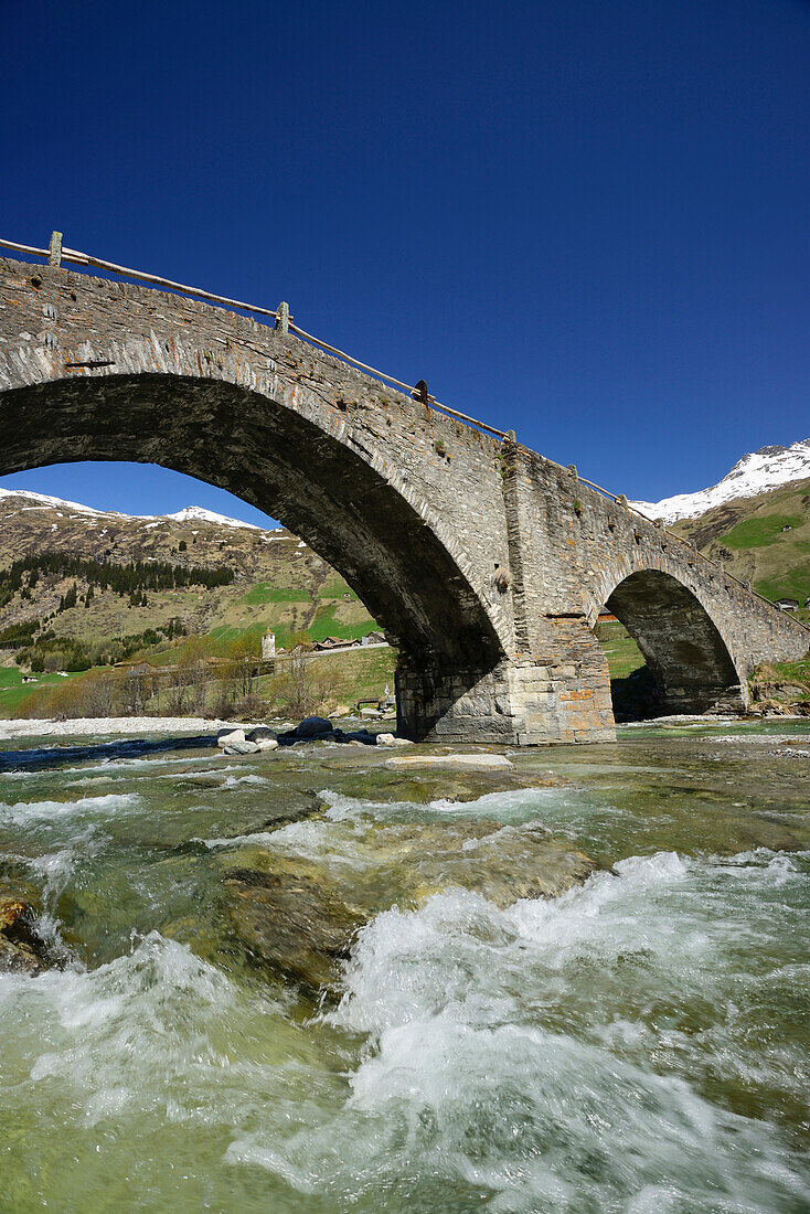 Bridge above river Hinterrhein, Walserweg, Hinterrhein, Grisons, Switzerland