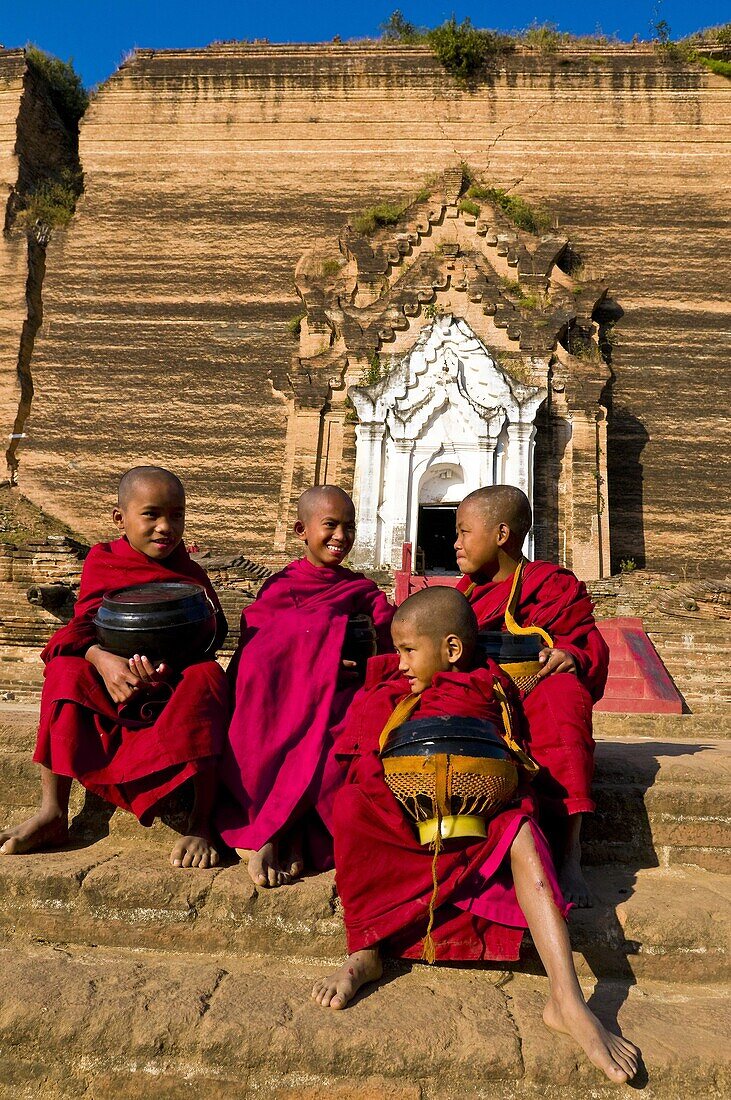 Myanmar (Burma), Sagaing State, Mingun, Mingun Pagoda was built in 1790 under King Bodawpaya who was thinking of building a 150 meters high pagoda but it was finally stopped at 60 meters when the King died in 1819, the cracks have occured with the 1838 ea