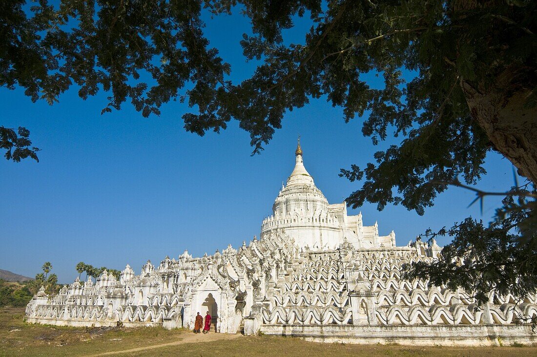 Myanmar (Burma), Sagaing State, Mingun, view from Mingun Pagoda on Hsinbyume Pagoda built in 1816 by King Bagyidaw in memory of his first wife, Hsinbyume princess