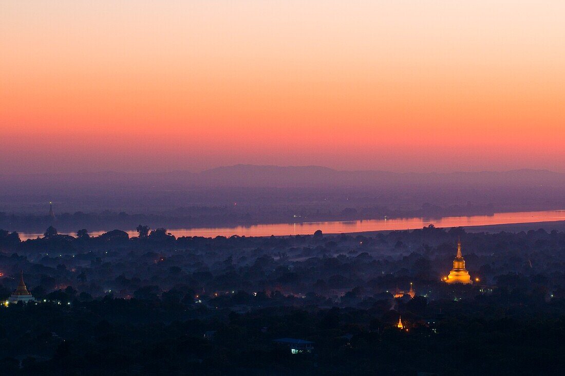 Myanmar (Burma), Sagaing State, Sagaing, Sagaing Hill, from Soon U Ponya Shin Pagoda, view on the pagodas and the Ayeyarwady river (Irrawaddy)