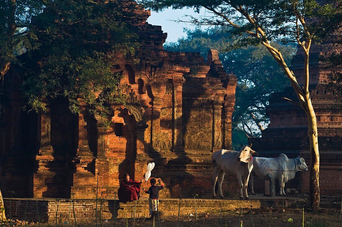 Myanmar (Burma), Mandalay State, Bagan (Pagan), Old Bagan, the sun rises on the old capital of the Pagan kingdom founded in 849, bonze and young Burmese playing with a balloon