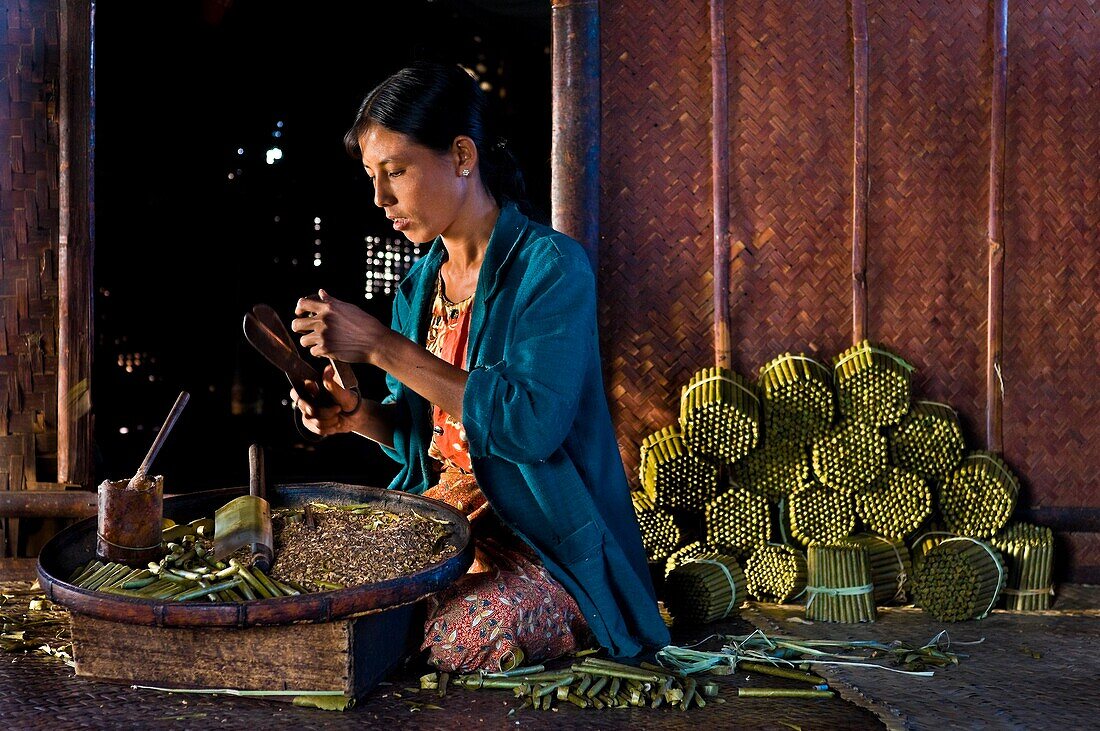 Myanmar (Burma), Shan State, Inle Lake, the village of Par, Ma Saw hand making cheroots, traditional Burmese cigars