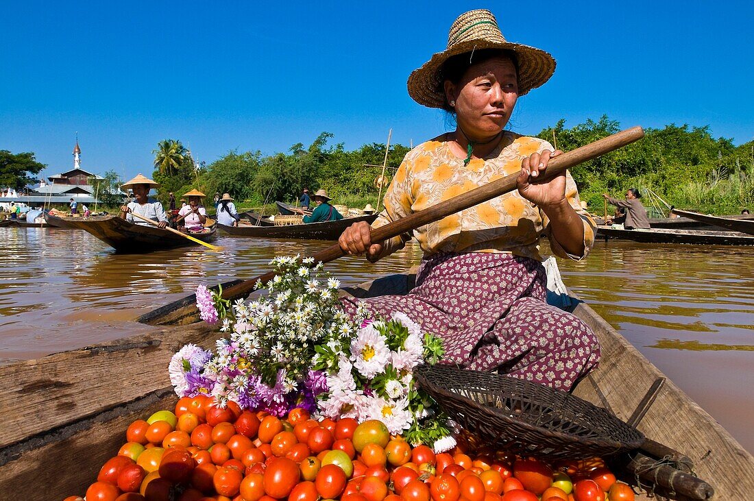 Myanmar (Burma), Shan State, Inle Lake, village of Ywama, Ma Khin Win Myint sells vegetables at the floating market