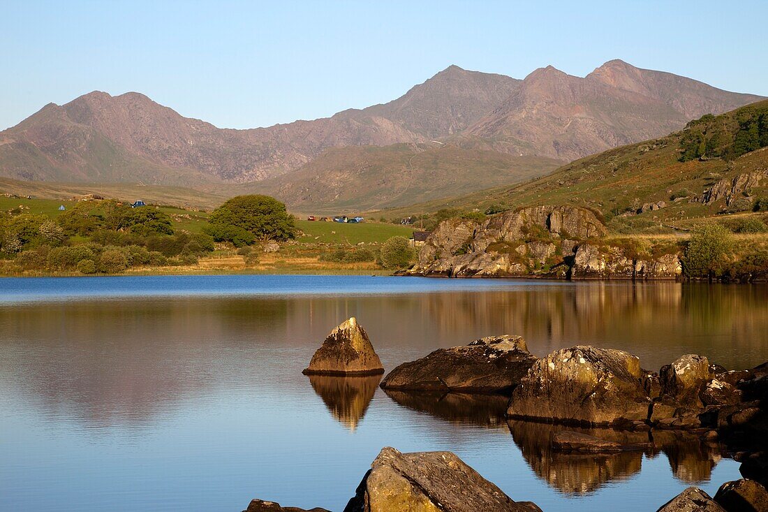 Wales,Gwynedd,Snowdonia National Park,View of Mount Snowdon at Capel Curig with Llynnall Mymbyr Lake