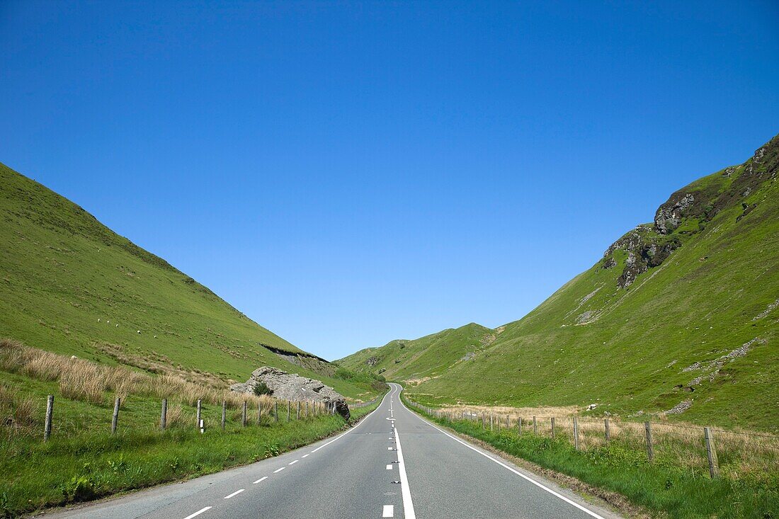 Wales,Gwynedd,Snowdonia National Park,Empty Road and Mountain Scenery